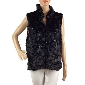 Betsey Johnson Faux Fur Gold Sequin Vest Size L Black